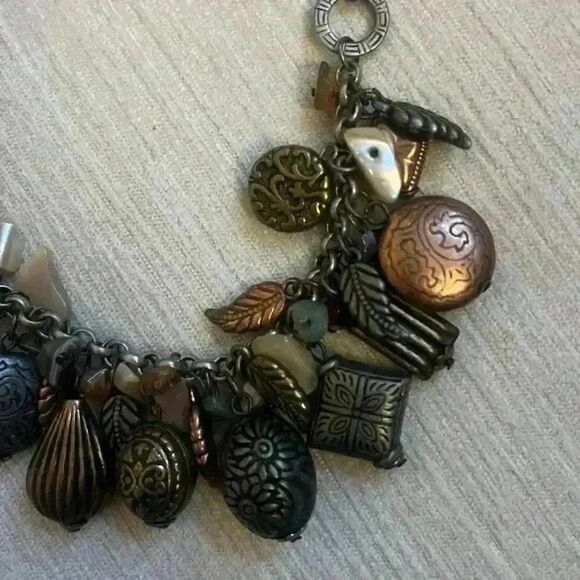 Charm necklace with multi earth semi precious stones and beads bronze tone - Picture 2 of 6